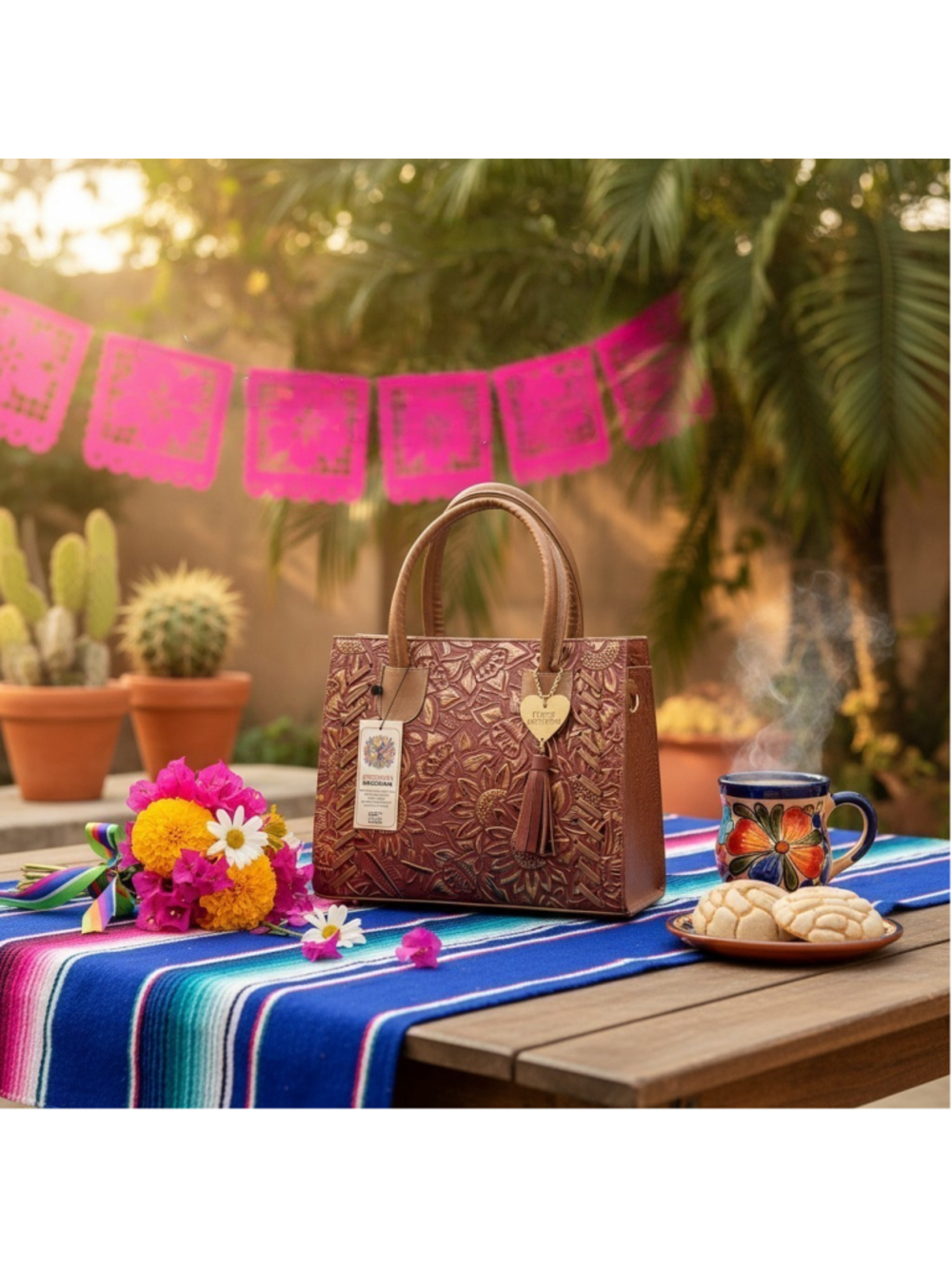 Sunflowers Wine Gold Brown Stitched Embossed Tooled Artisan LEATHER Bag Purse